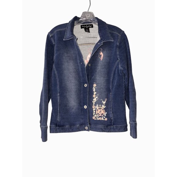 Baby Phat Jackets & Blazers - Baby Phat Girls XL Denim Jacket With Embroidered Cat & Floral Details Button Clo